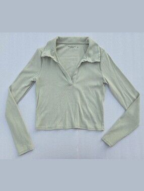 Abercrombie & Fitch Soft A&F Rib Long Sleeve Polo Top Soft Pastel Green M
